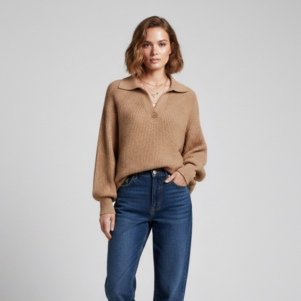 Listicle Tan Oversized Polo Sweater - Boho Ribbed Knit - Large Neutral Beige